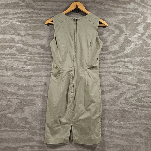 H&M SZ 6 V-Neck Light Army Green Sleeveless Shift Midi Dress Back Slit & Zipper - Picture 2 of 12